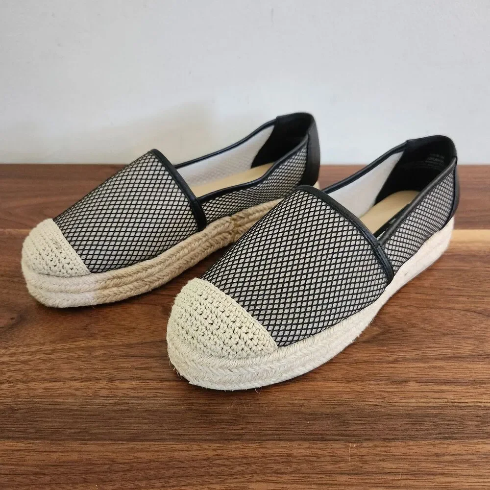 Karl Lagerfeld Paris Adila Mesh Slip On Espadrille Platform Leather Black Shoe 8